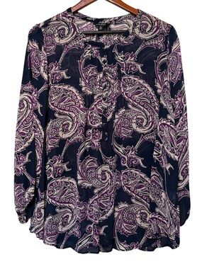 Lucky Brand Women’s 1X Paisley Pin Tuck Tunic Top Split V Neck High Low Peasant
